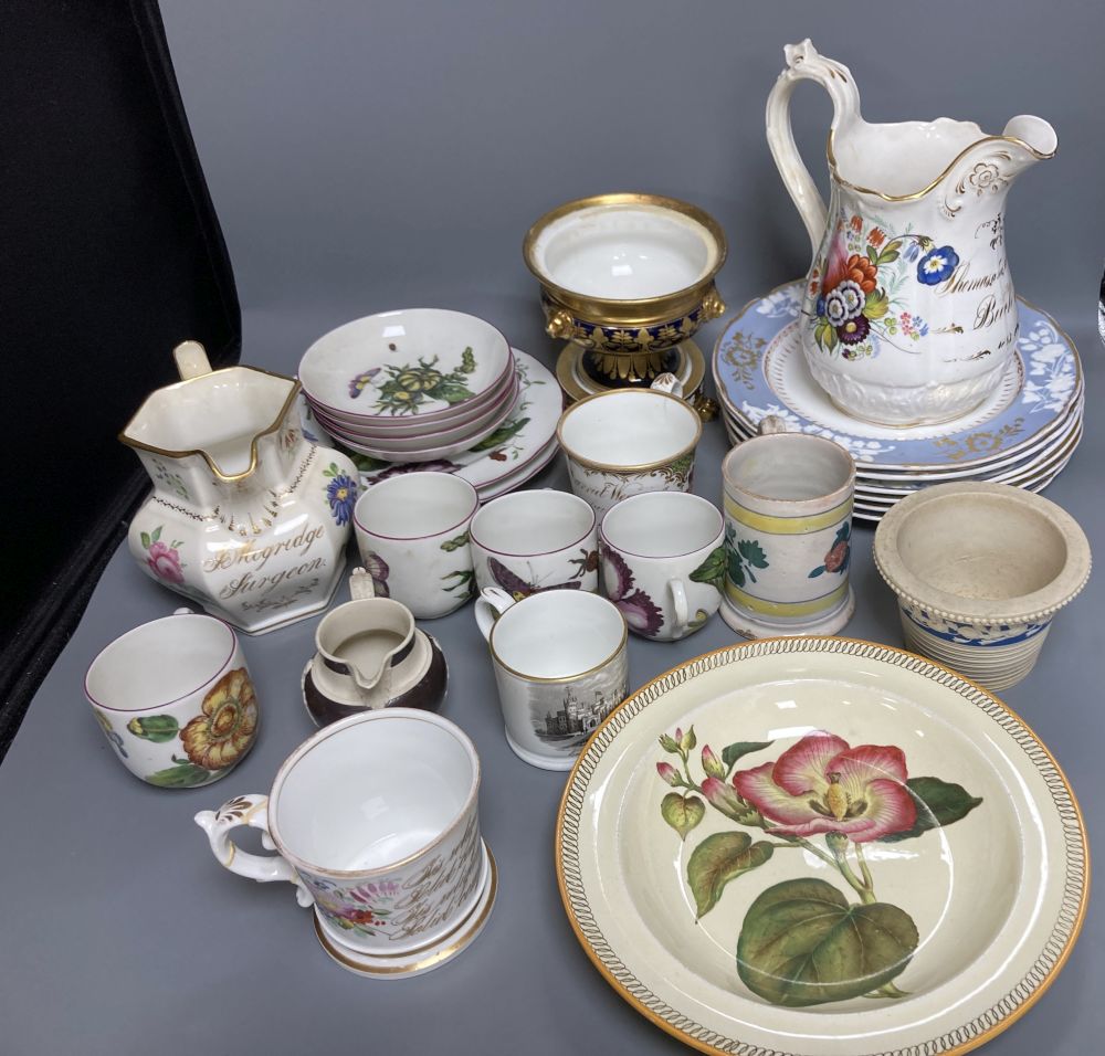 A collection of 19th - 20th century ceramics, including a Coalport floral painted jug, mugs, etc.